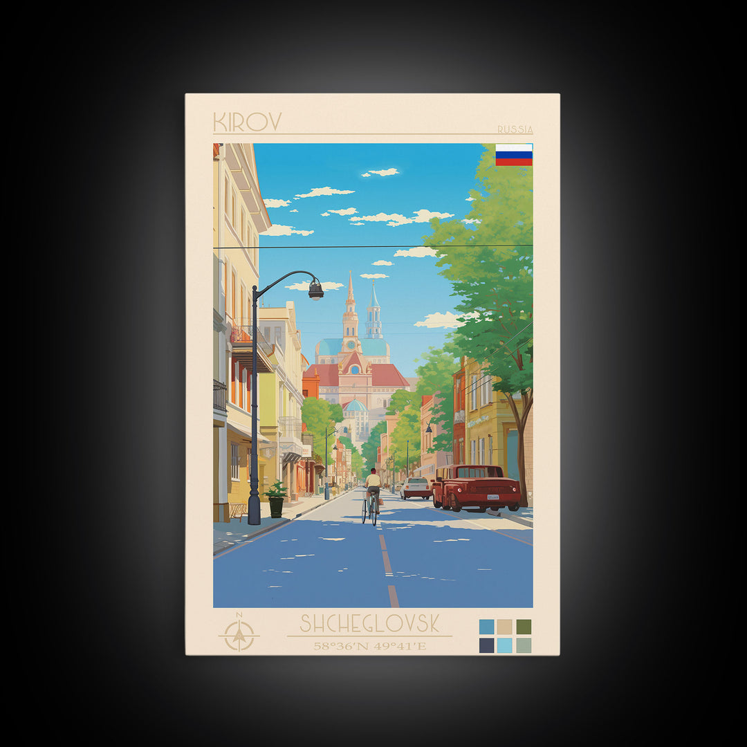 Kirov Russia Travel Poster Framed Canvas Print, Midcentury Modern Art, Pop Art Wall Decor, Scenic Living Room Art, Bedroom Decor