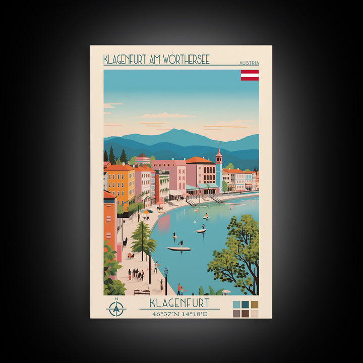 Klagenfurt am Wörthersee Austria Travel Poster Framed Canvas Print, Vintage Style, Pop Art Home Decor, Scenic Wall Art, Bedroom Decoration, Office Gift