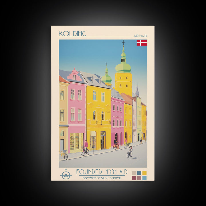Kolding Denmark Travel Poster Framed Canvas Print, Midcentury Modern Art, Pop Art Wall Decor, Scenic Living Room Art, Bedroom Gift