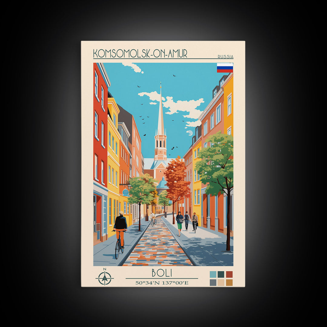 Komsomolsk on Amur Russia Travel Poster Framed Canvas Print, Midcentury Modern Art, Pop Art Wall Decor, Scenic Wall Art, Living Room Decoration, Office Art