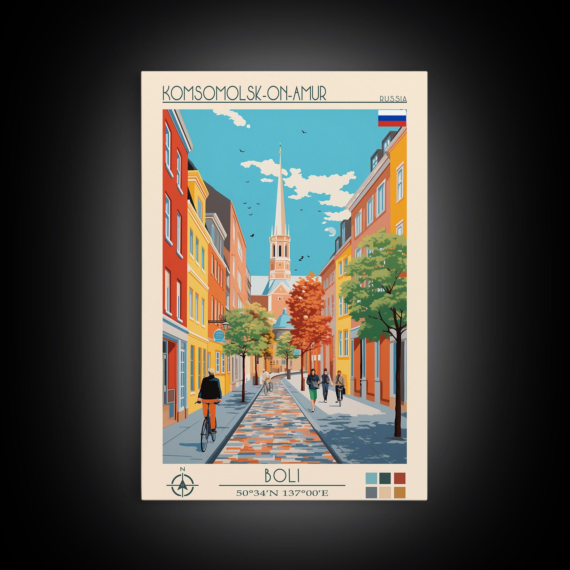 Komsomolsk on Amur Russia Travel Poster Framed Canvas Print, Midcentury Modern Art, Pop Art Wall Decor, Scenic Wall Art, Living Room Decoration, Office Art