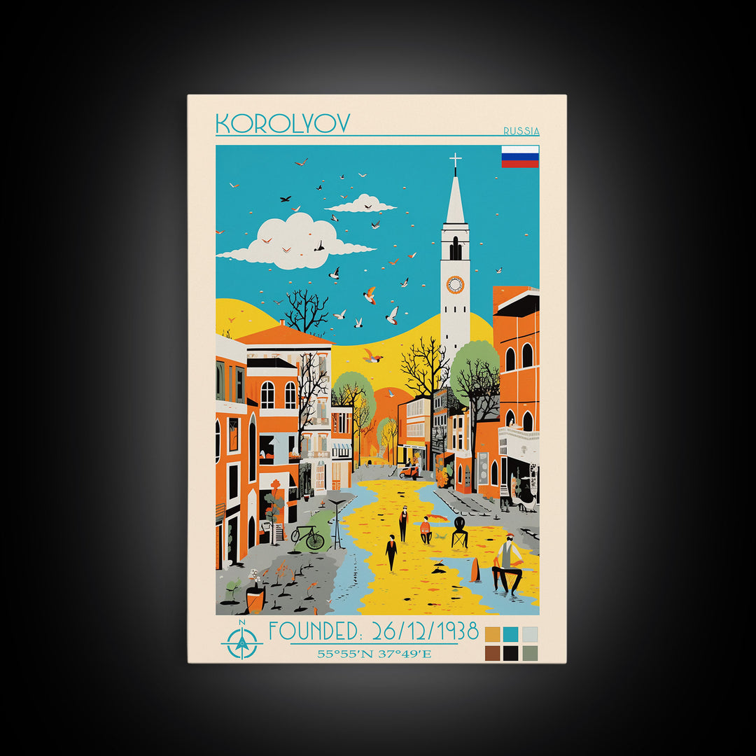 Korolyov Russia Travel Poster Framed Canvas Print, Midcentury Modern Art, Pop Art Wall Decor, Scenic Bedroom Art, Office Decoration