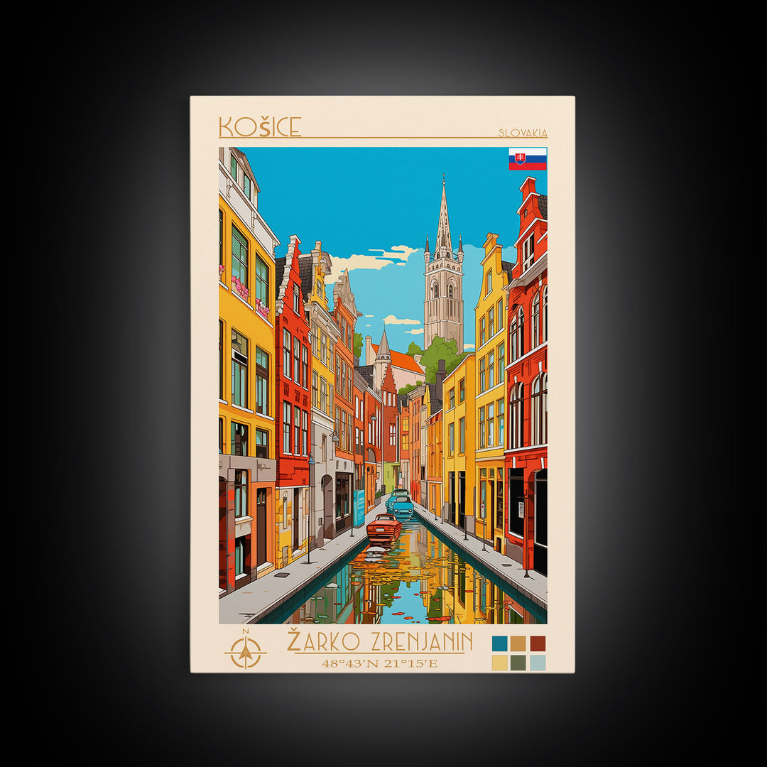 Košice Slovakia Travel Poster Framed Canvas Print, Midcentury Modern Art, Pop Art Wall Decor, Scenic Living Room Art, Bedroom Gift