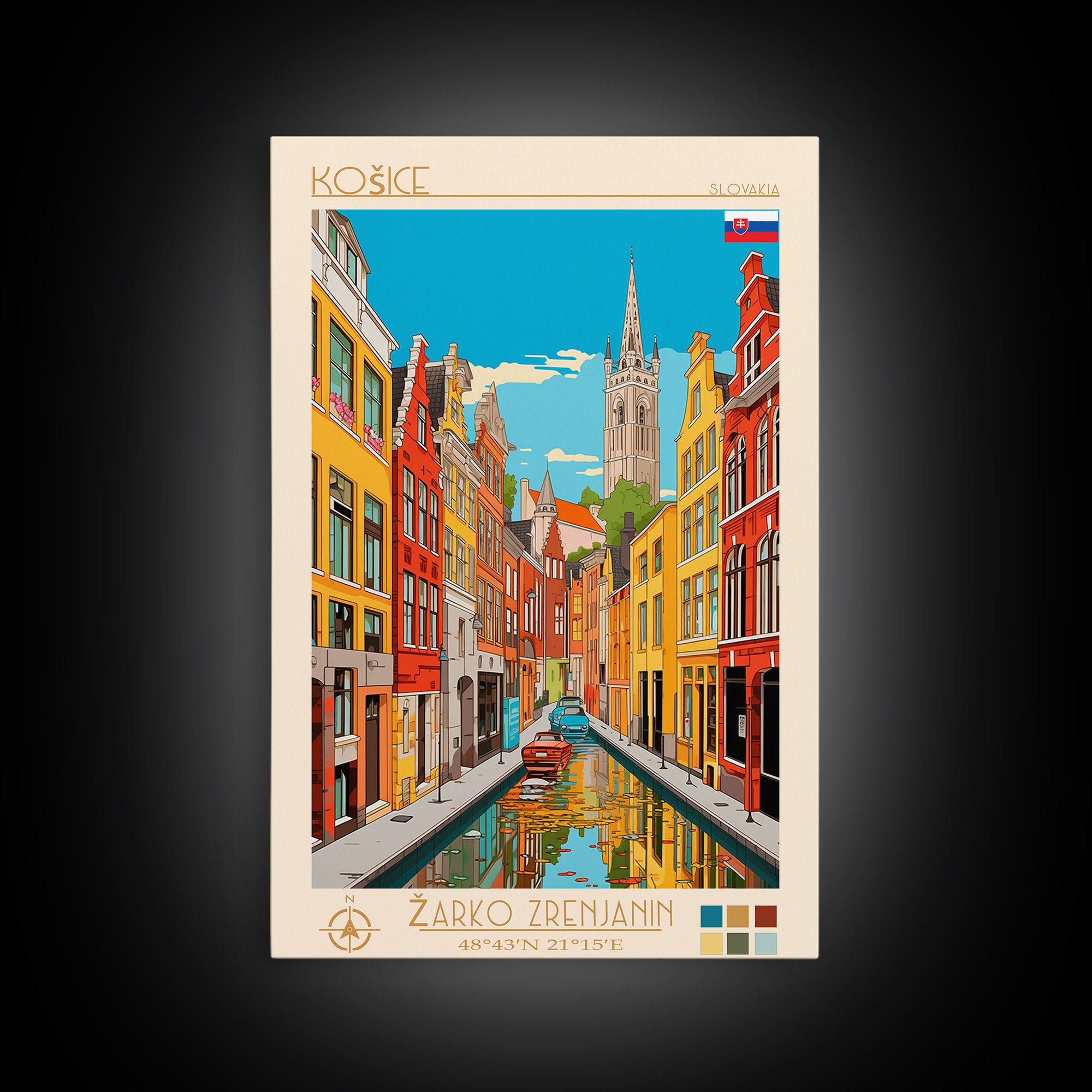 Košice Slovakia Travel Poster Framed Canvas Print, Midcentury Modern Art, Pop Art Wall Decor, Scenic Living Room Art, Bedroom Gift