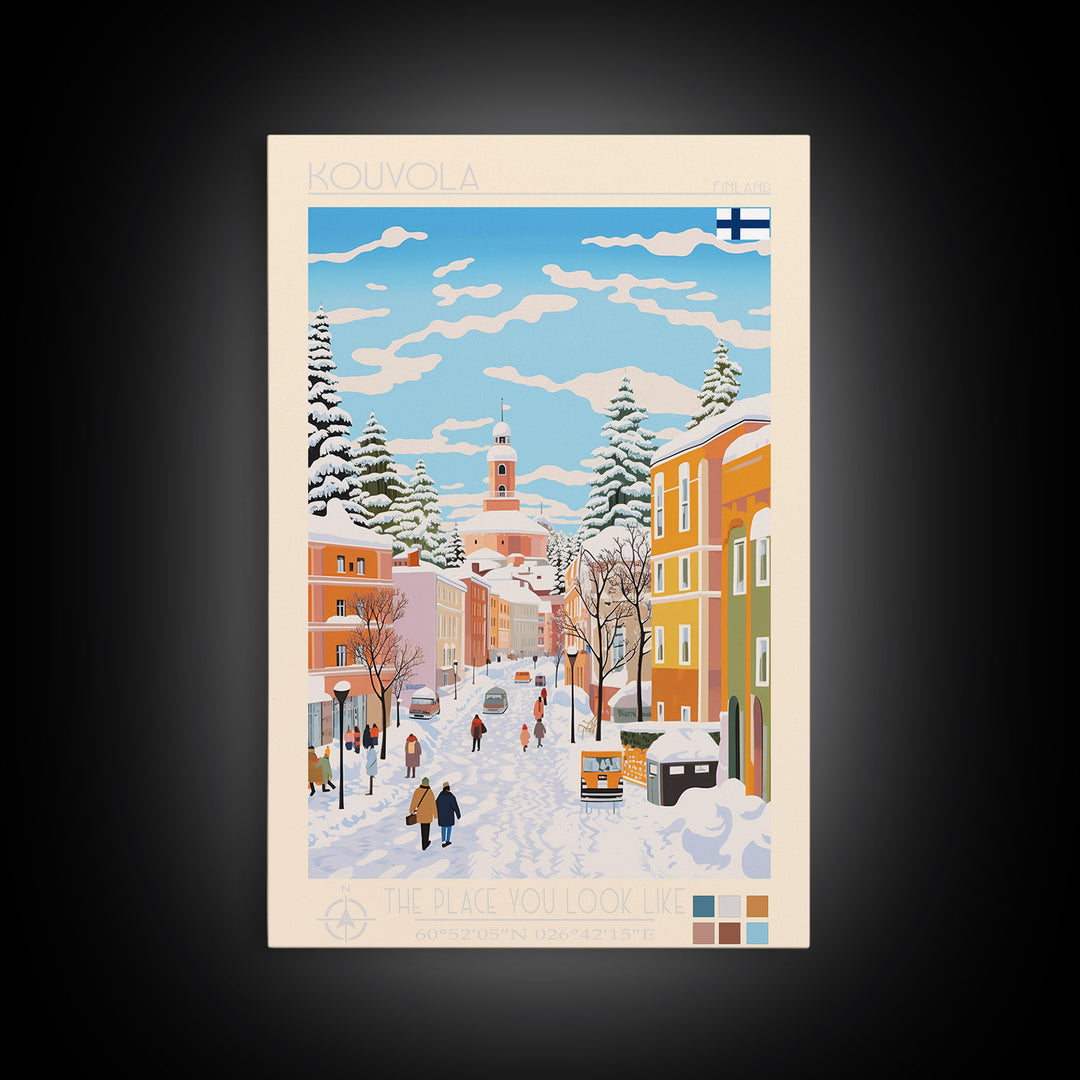 Kouvola Finland Travel Poster Framed Canvas Print, Midcentury Modern Art, Pop Art Wall Decor, Home Decor, Vacation Gift, Office Art