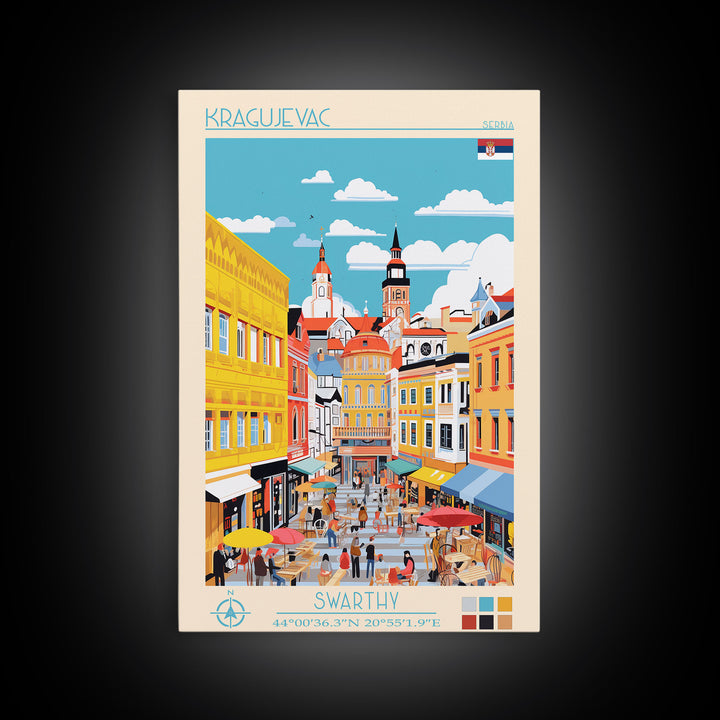 Kragujevac Serbia Travel Poster Framed Canvas Print, Midcentury Modern Art, Pop Art Wall Decor, Scenic Wall Art, Living Room Decoration, Office Art
