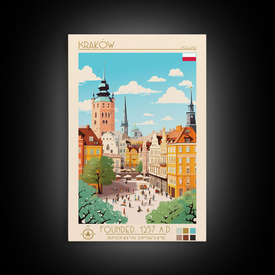 Kraków Poland Travel Poster Framed Canvas Print, Midcentury Modern Art, Pop Art Wall Decor, Home Decor, Vacation Gift, Bedroom Art