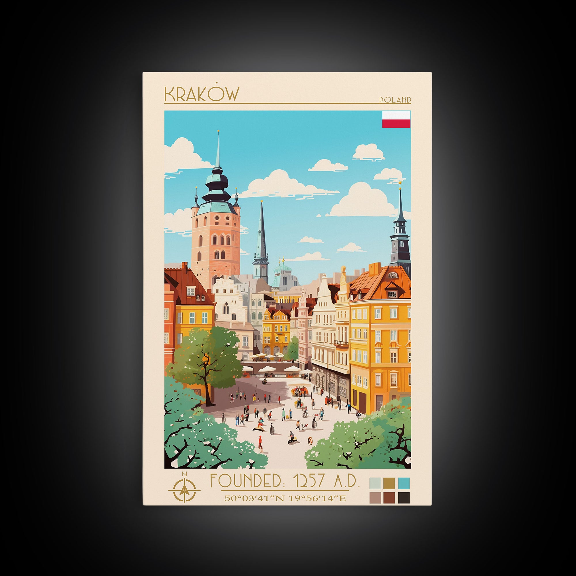 Kraków Poland Travel Poster Framed Canvas Print, Midcentury Modern Art, Pop Art Wall Decor, Home Decor, Vacation Gift, Bedroom Art