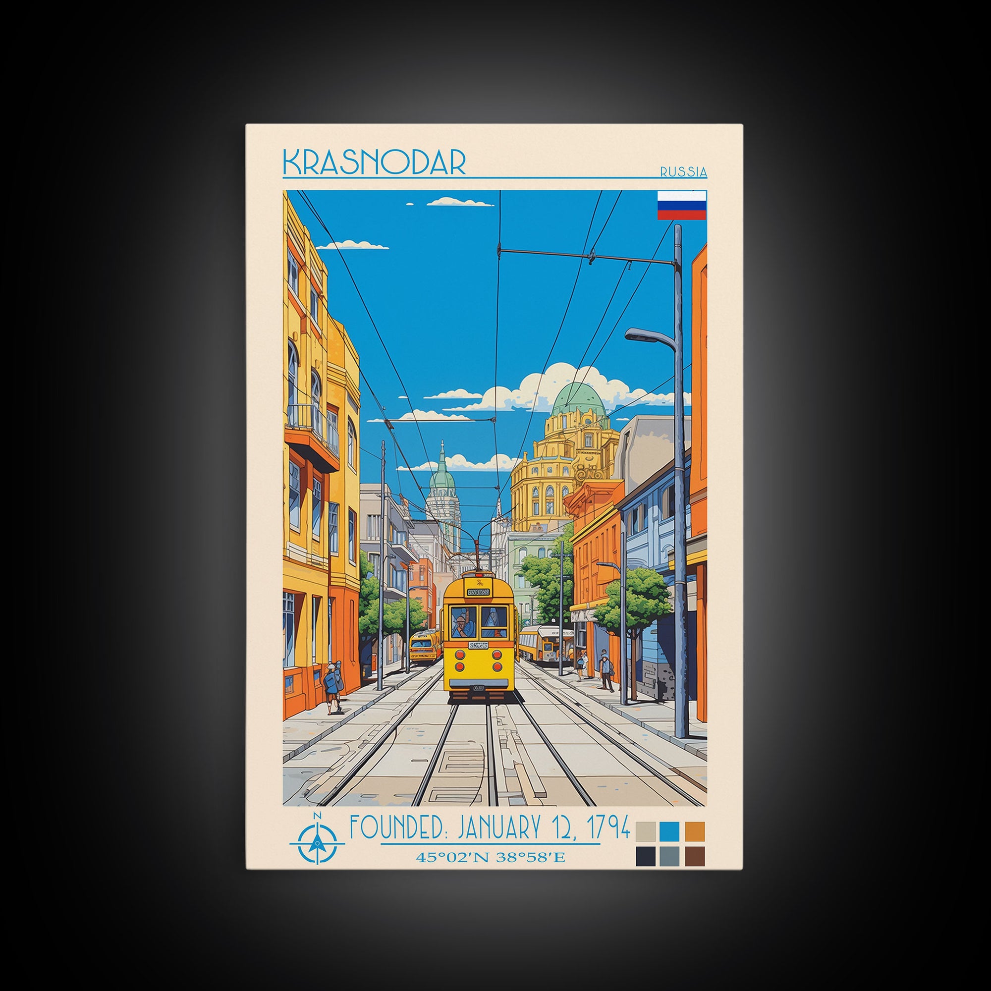 Krasnodar Russia Travel Poster Framed Canvas Print, Midcentury Modern Art, Pop Art Wall Decor, Scenic Wall Art, Living Room Decoration, Office Art