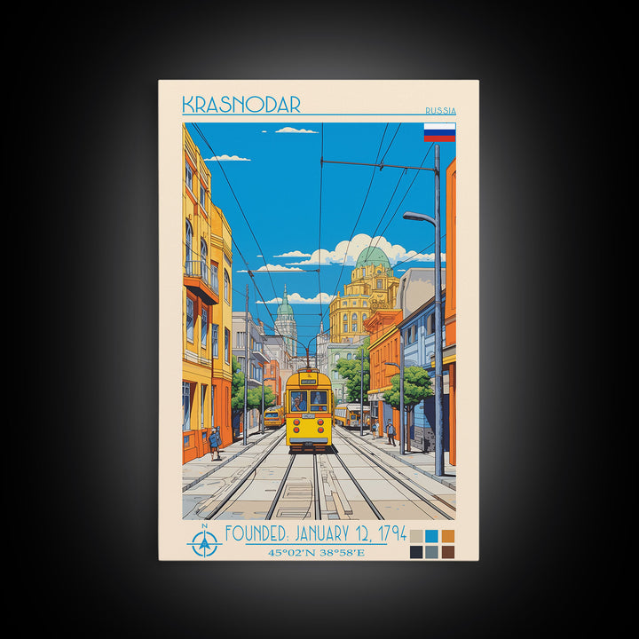 Krasnodar Russia Travel Poster Framed Canvas Print, Midcentury Modern Art, Pop Art Wall Decor, Scenic Wall Art, Living Room Decoration, Office Art