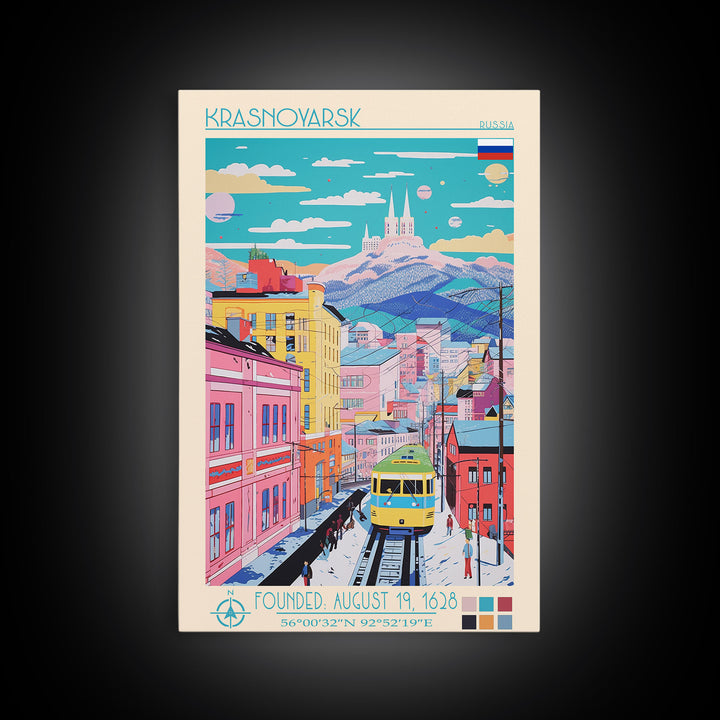 Krasnoyarsk Russia Travel Poster Framed Canvas Print, Midcentury Modern Art, Pop Art Wall Decor, Scenic Bedroom Art, Office Decoration
