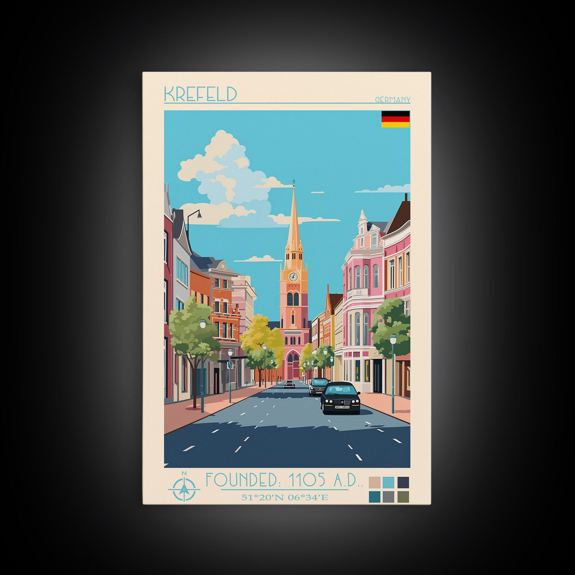 Krefeld Germany Travel Poster Framed Canvas Print, Midcentury Modern Art, Pop Art Wall Decor, Scenic Living Room Art, Bedroom Decor
