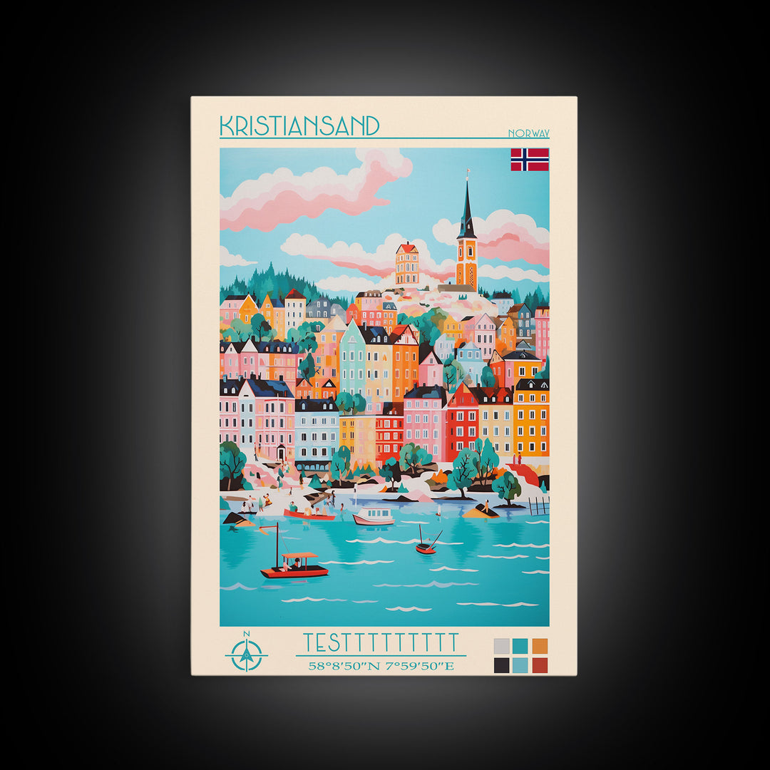 Kristiansand Norway Travel Poster Framed Canvas Print, Vintage Style, Pop Art Home Decor, Scenic Wall Art, Bedroom Decoration, Office Gift