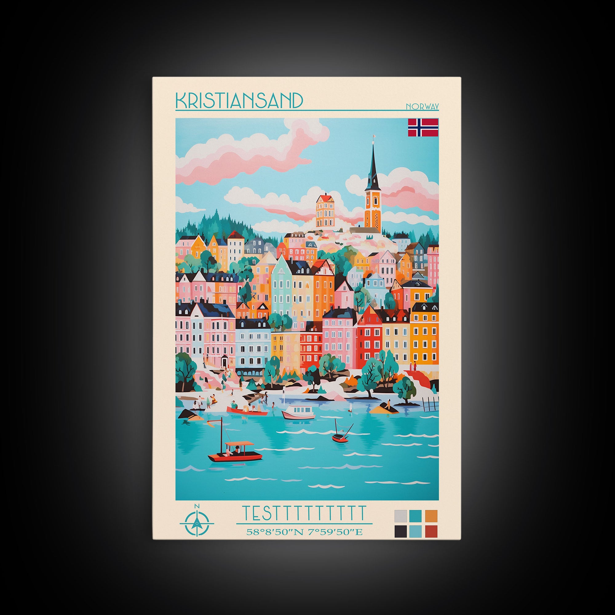 Kristiansand Norway Travel Poster Framed Canvas Print, Vintage Style, Pop Art Home Decor, Scenic Wall Art, Bedroom Decoration, Office Gift