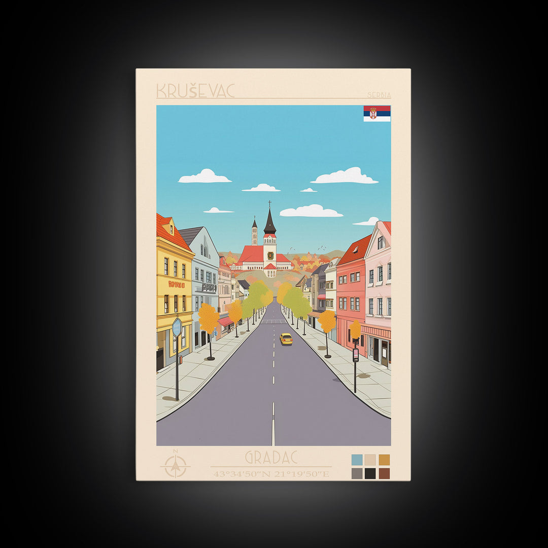 Kruševac Serbia Travel Poster Framed Canvas Print, Midcentury Modern Art, Pop Art Wall Decor, Scenic Living Room Art, Bedroom Gift
