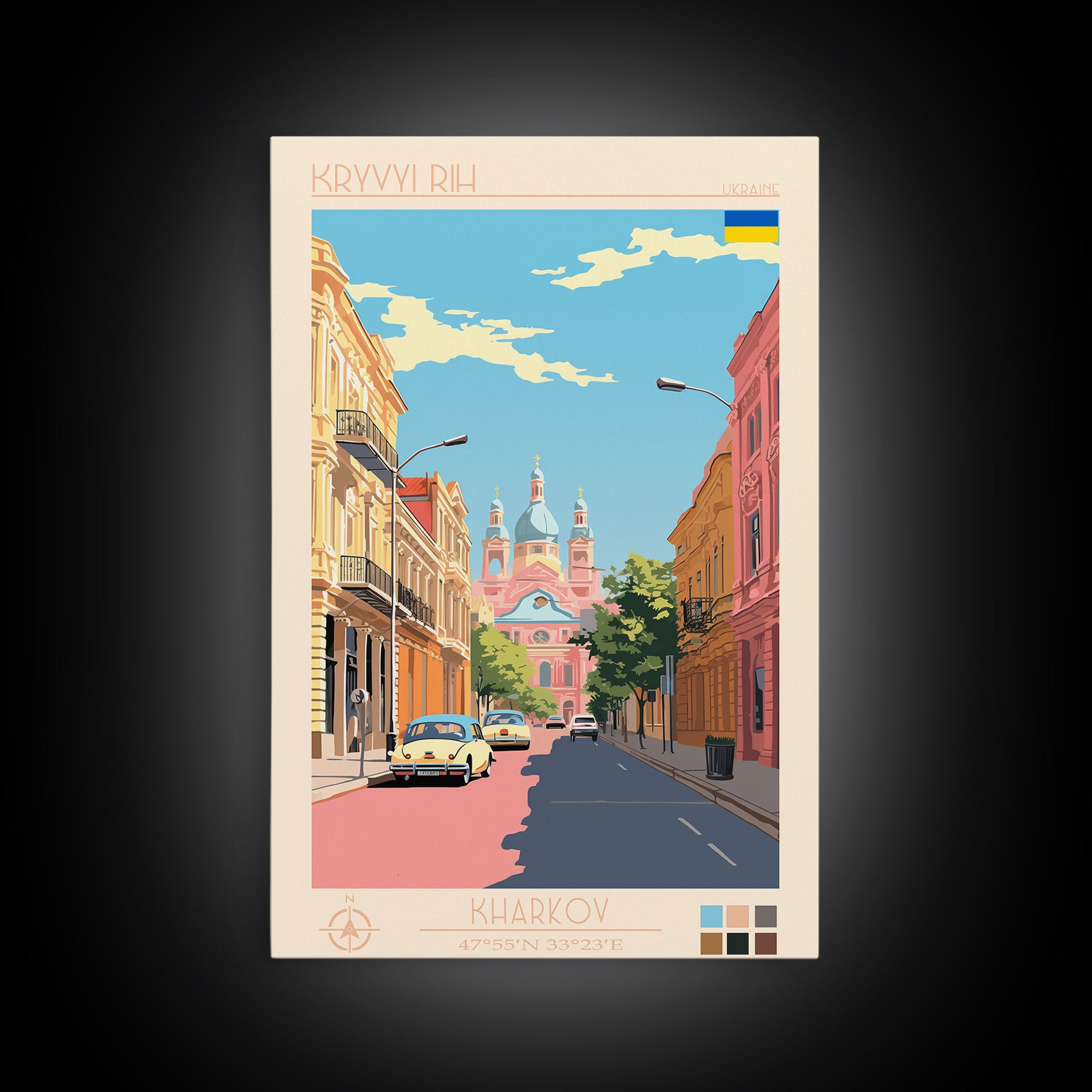 Kryvyi Rih Ukraine Travel Poster Framed Canvas Print, Midcentury Modern Art, Pop Art Wall Decor, Scenic Wall Art, Living Room Decoration, Office Art