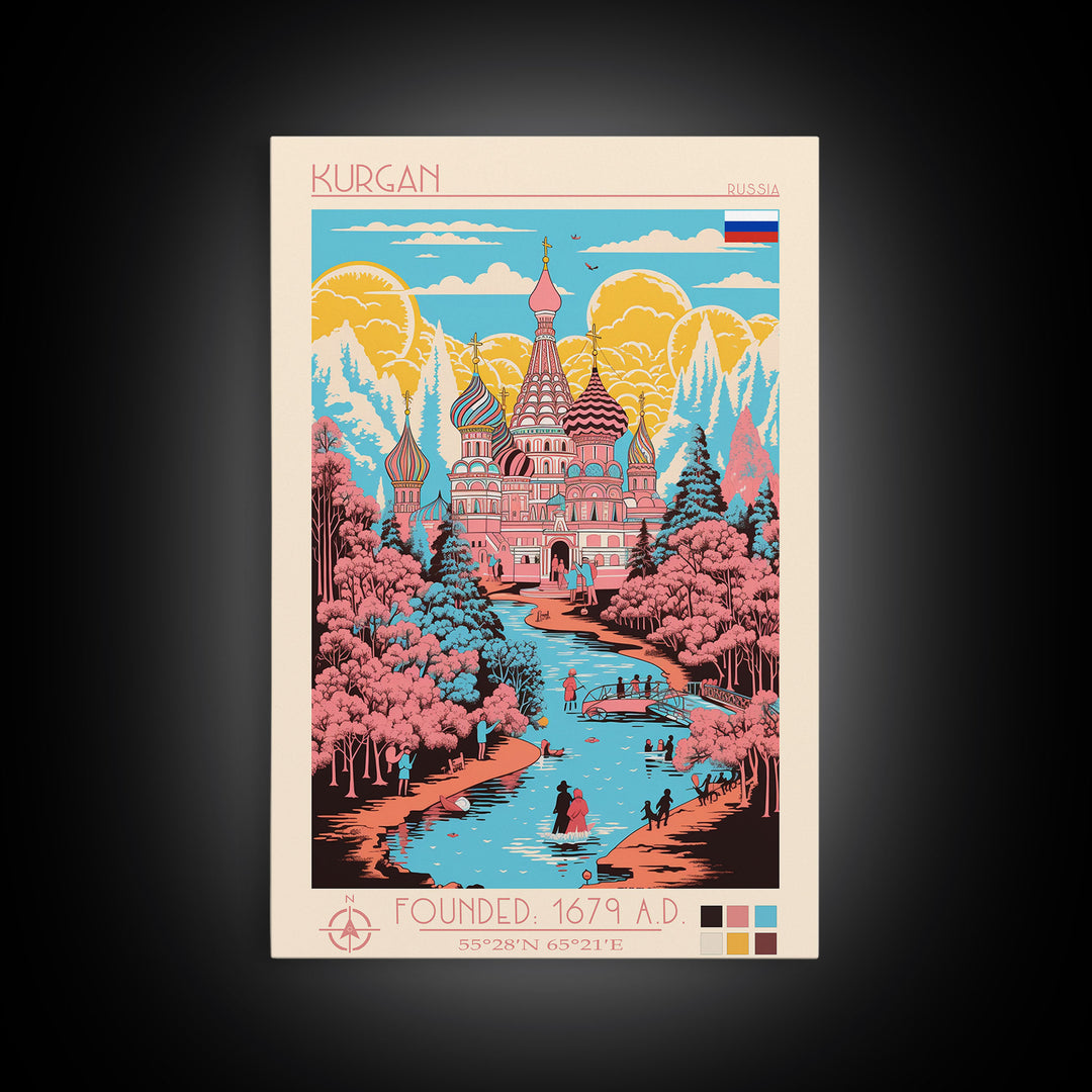 Kurgan Russia Travel Poster Framed Canvas Print, Midcentury Modern Art, Pop Art Wall Decor, Scenic Wall Art, Living Room Decoration, Office Gift