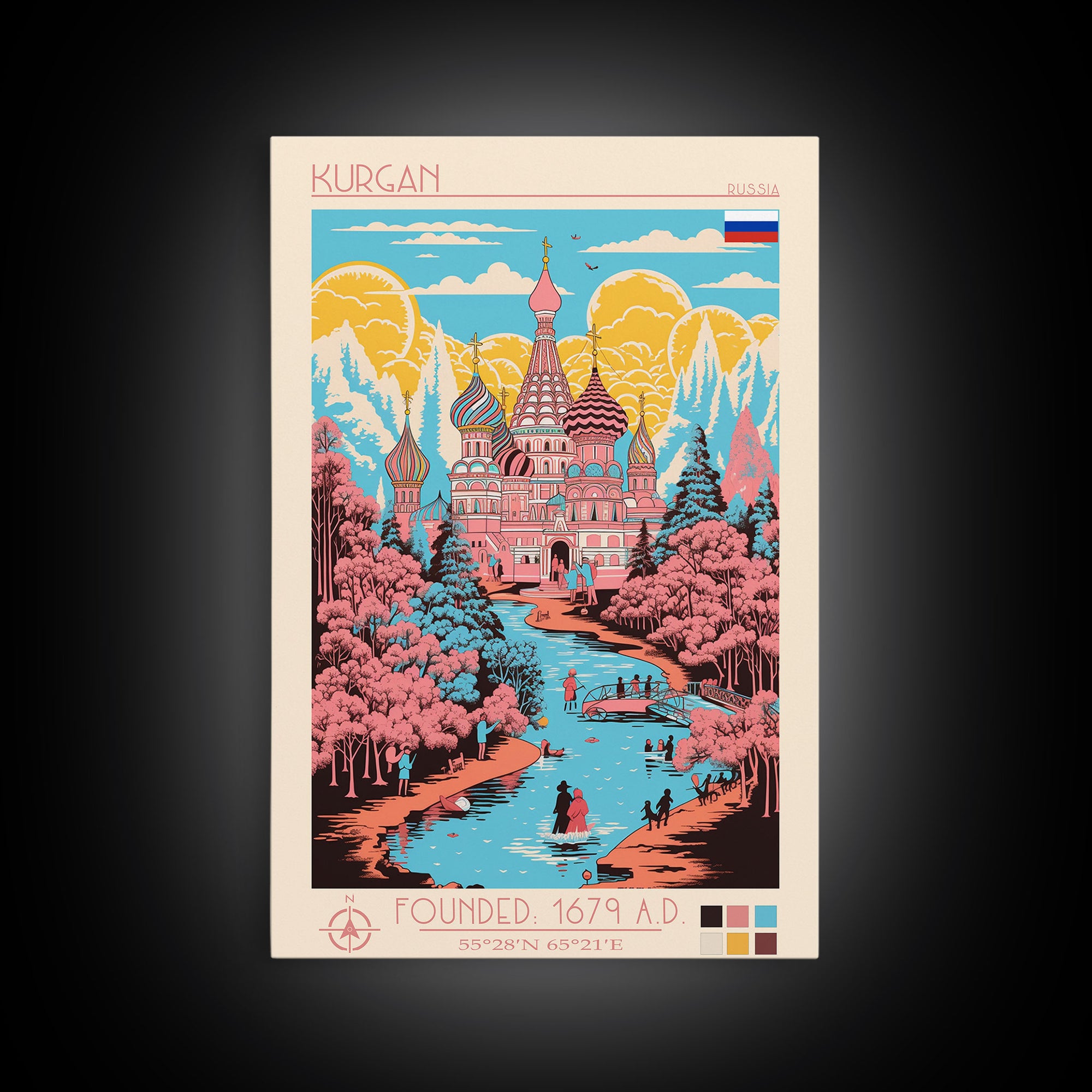 Kurgan Russia Travel Poster Framed Canvas Print, Midcentury Modern Art, Pop Art Wall Decor, Scenic Wall Art, Living Room Decoration, Office Gift