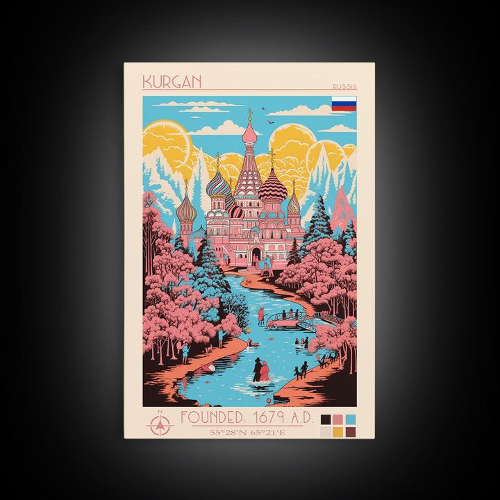 Kurgan Russia Travel Poster Framed Canvas Print, Midcentury Modern Art, Pop Art Wall Decor, Scenic Wall Art, Living Room Decoration, Office Gift