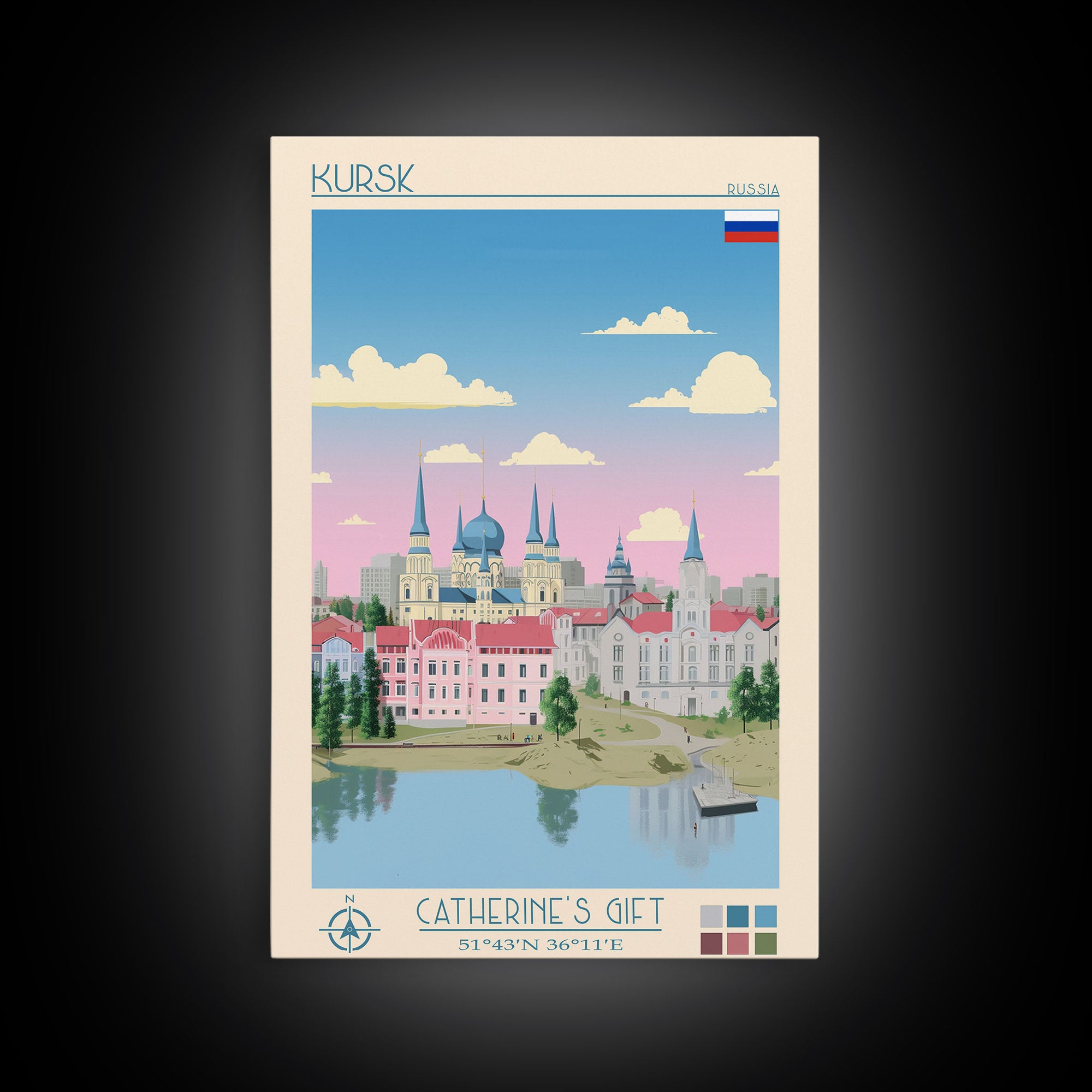 Kursk Russia Travel Poster Framed Canvas Print, Midcentury Modern Art, Pop Art Wall Decor, Scenic Bedroom Art, Office Decoration