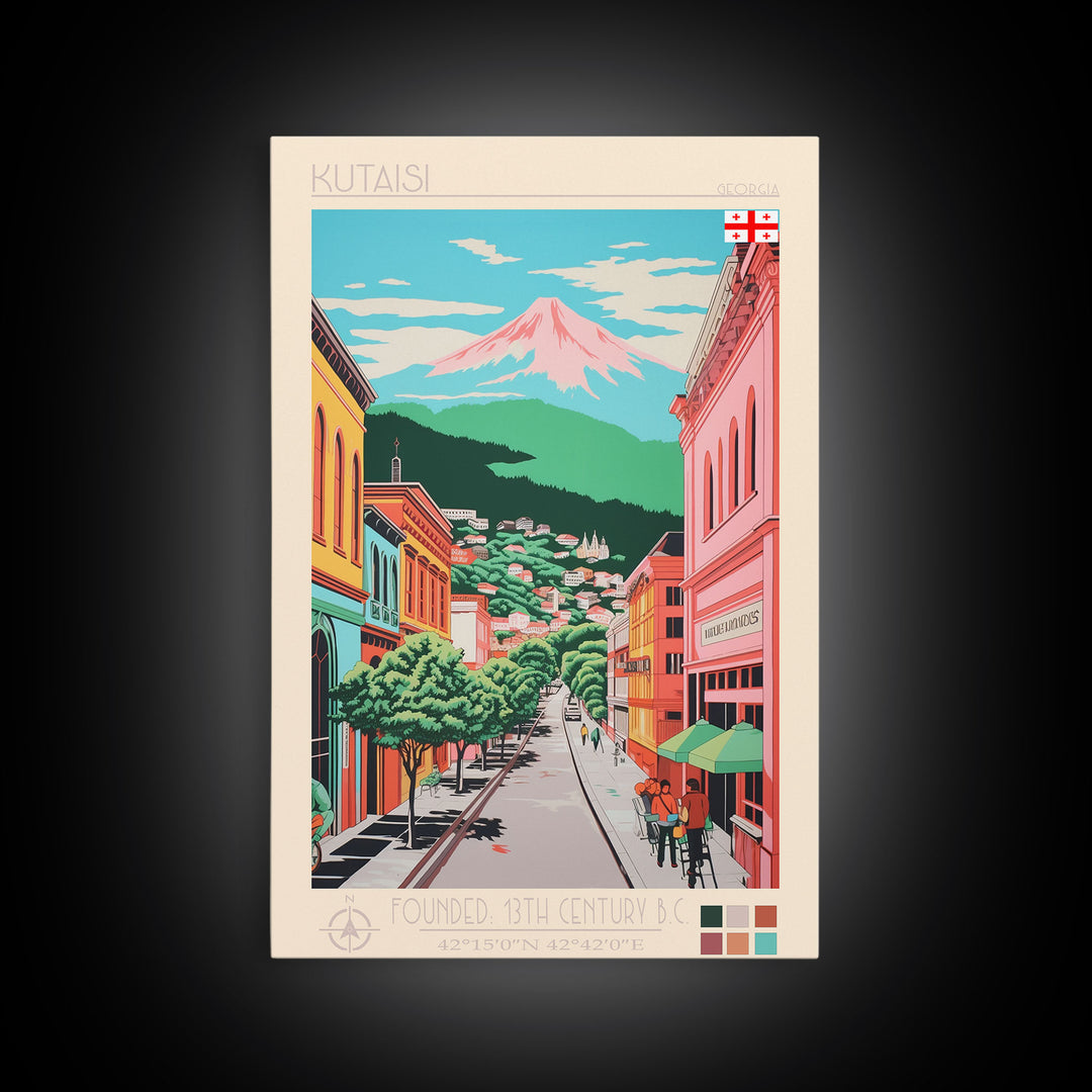 Kutaisi Georgia Travel Poster Framed Canvas Print, Midcentury Modern Art, Pop Art Wall Decor, Scenic Living Room Art, Bedroom Decor