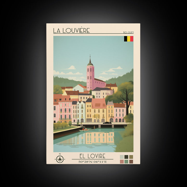 La Louvière Belgium Travel Poster Framed Canvas Print, Midcentury Modern Art, Pop Art Wall Decor, Scenic Living Room Art, Bedroom Gift