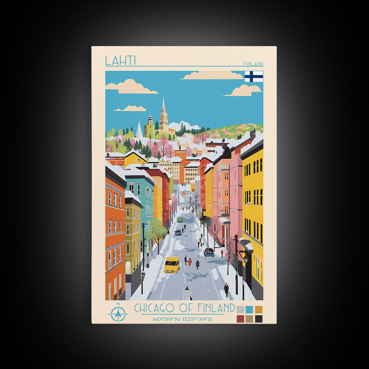 Lahti Finland Travel Poster Framed Canvas Print, Midcentury Modern Art, Pop Art Wall Decor, Scenic Wall Art, Living Room Decoration, Office Art
