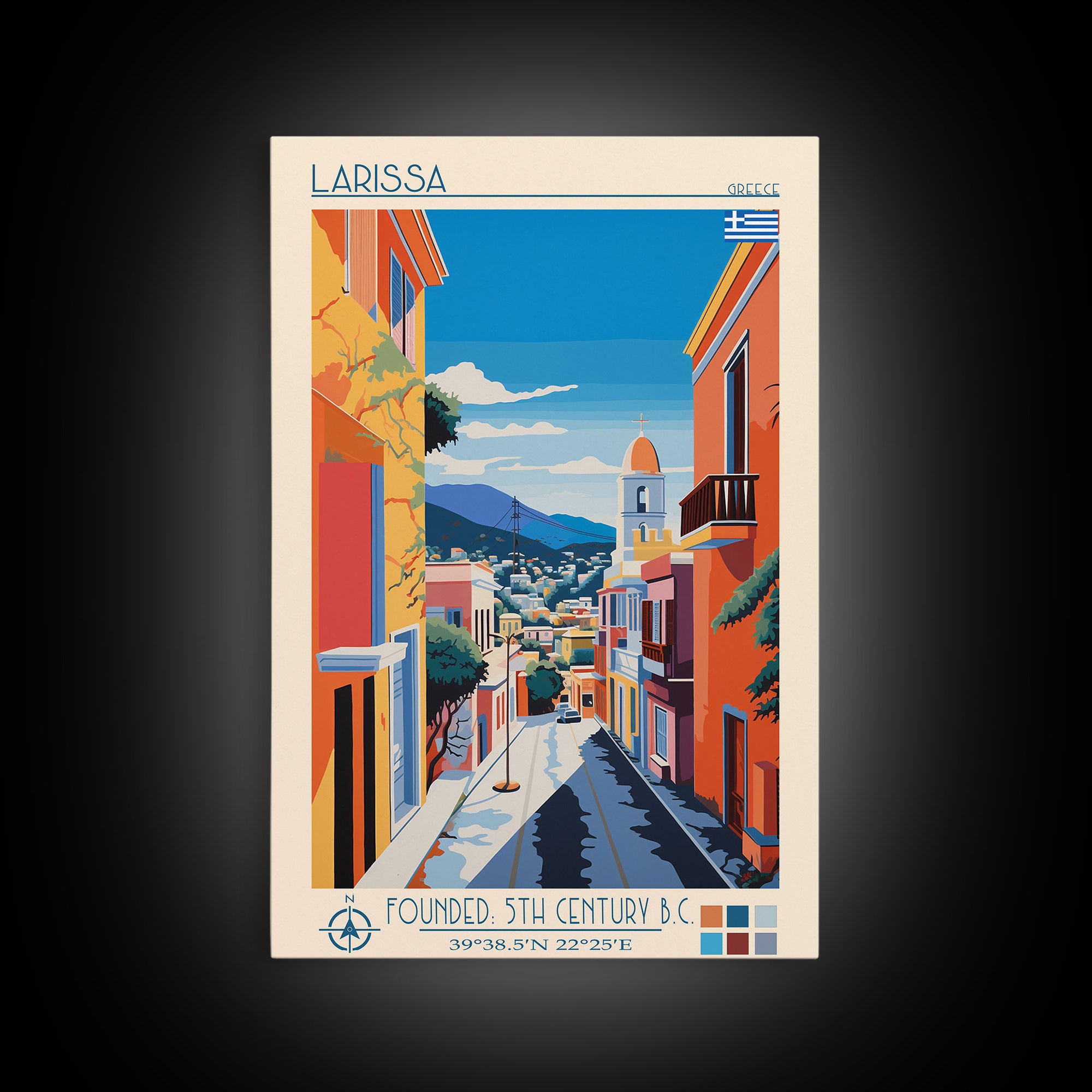 Larissa Greece Travel Poster Framed Canvas Print, Midcentury Modern Art, Pop Art Wall Decor, Scenic Wall Art, Living Room Decoration, Office Gift