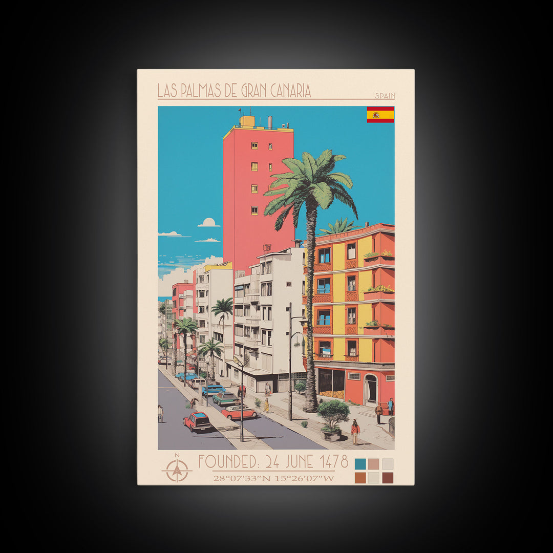 Las Palmas de Gran Canaria Spain Travel Poster Framed Canvas Print, Midcentury Modern Art, Pop Art Wall Decor, Scenic Wall Art, Bedroom Decoration