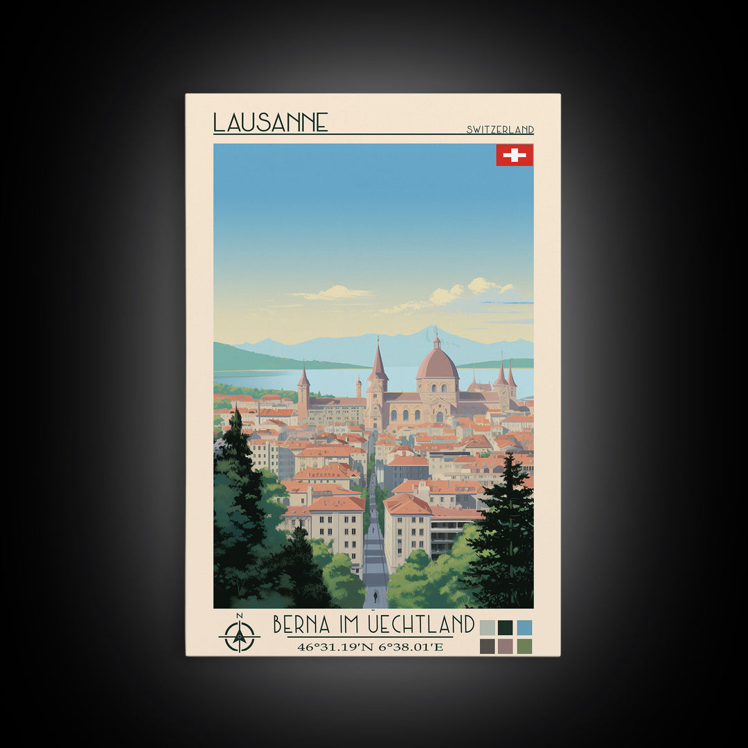 Lausanne Switzerland Travel Poster Framed Canvas Print, Midcentury Modern Art, Pop Art Wall Decor, Scenic Wall Art, Living Room Decoration, Office Art