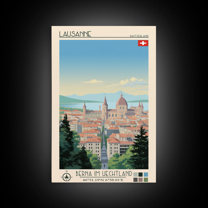 Lausanne Switzerland Travel Poster Framed Canvas Print, Midcentury Modern Art, Pop Art Wall Decor, Scenic Wall Art, Living Room Decoration, Office Art