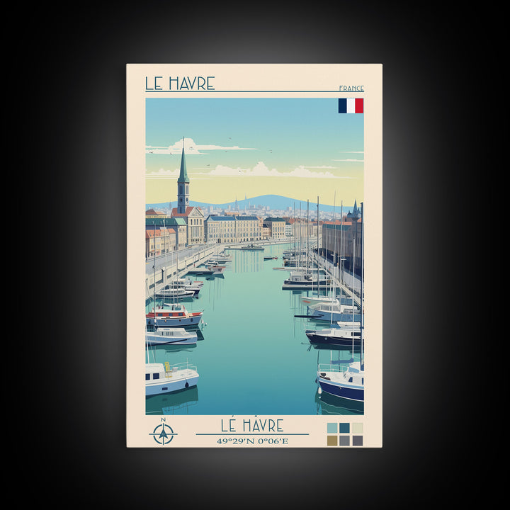 Le Havre France Travel Poster Framed Canvas Print, Midcentury Modern Art, Pop Art Wall Decor, Scenic Bedroom Art, Office Decoration
