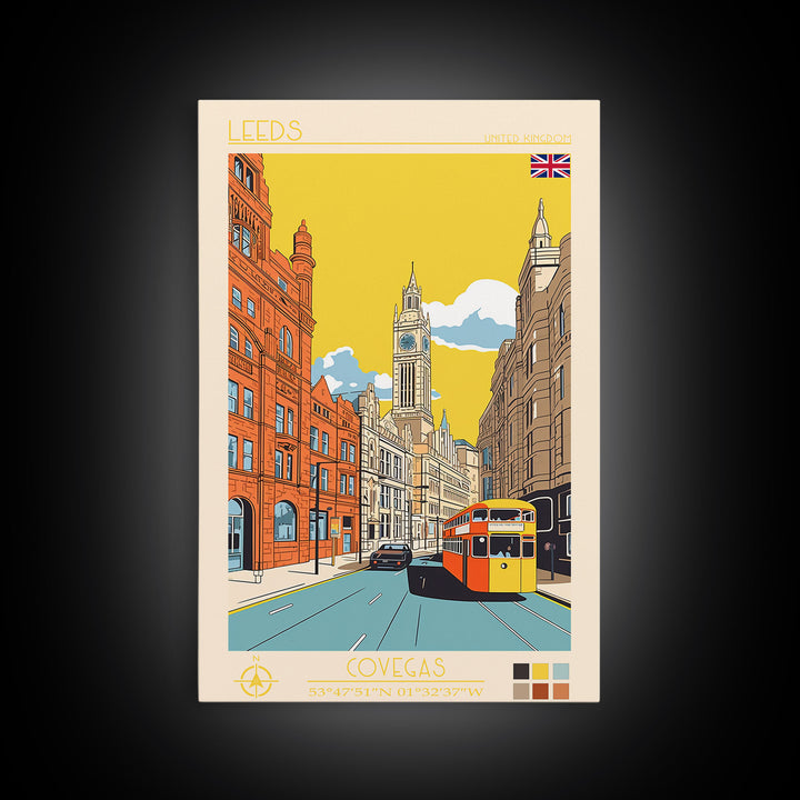 Leeds United Kingdom Travel Poster Framed Canvas Print, Midcentury Modern Art, Pop Art Wall Decor, Scenic Living Room Art, Bedroom Decor
