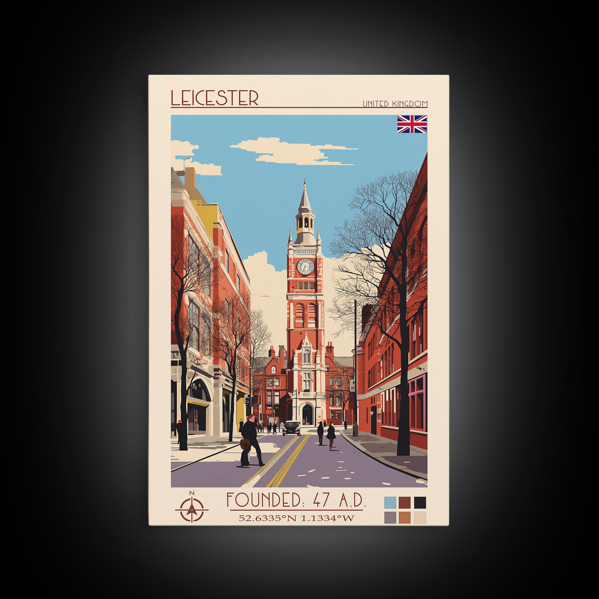 Leicester United Kingdom Travel Poster Framed Canvas Print, Midcentury Modern Art, Pop Art Wall Decor, Home Decor, Vacation Gift, Office Art