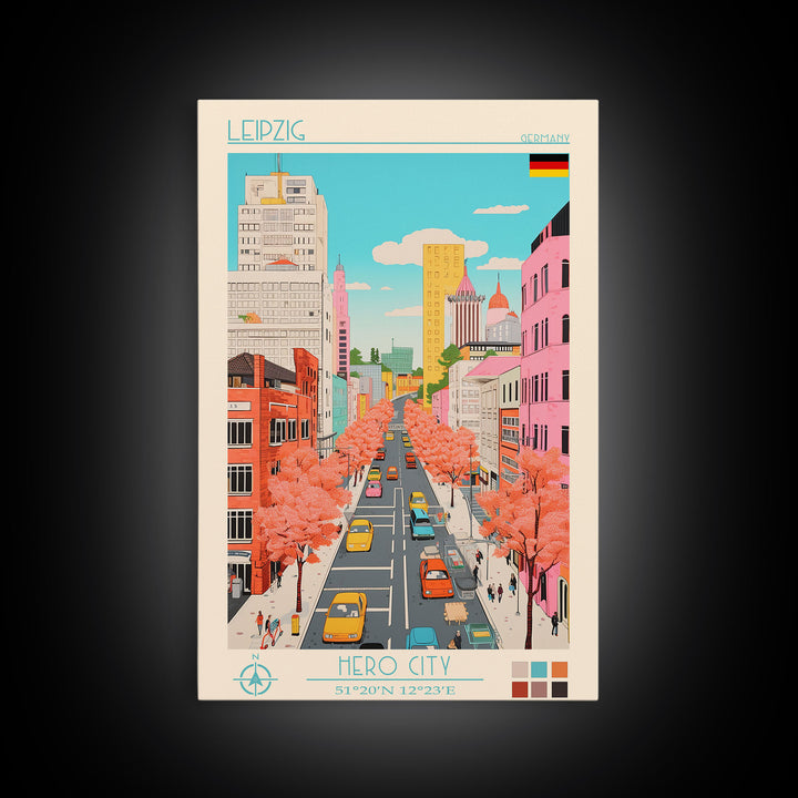 Leipzig Germany Travel Poster Framed Canvas Print, Midcentury Modern Art, Pop Art Wall Decor, Scenic Living Room Art, Bedroom Gift