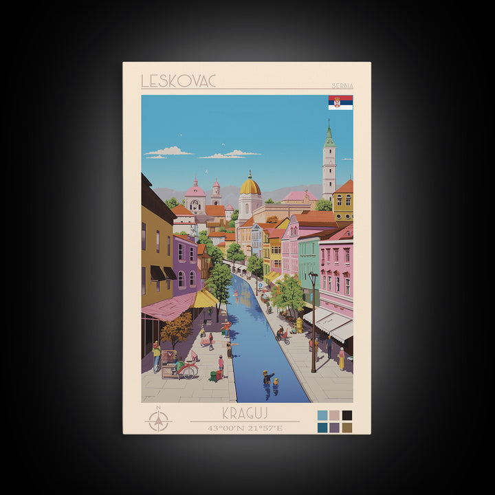 Leskovac Serbia Travel Poster Framed Canvas Print, Midcentury Modern Art, Pop Art Wall Decor, Scenic Wall Art, Living Room Decoration, Office Art