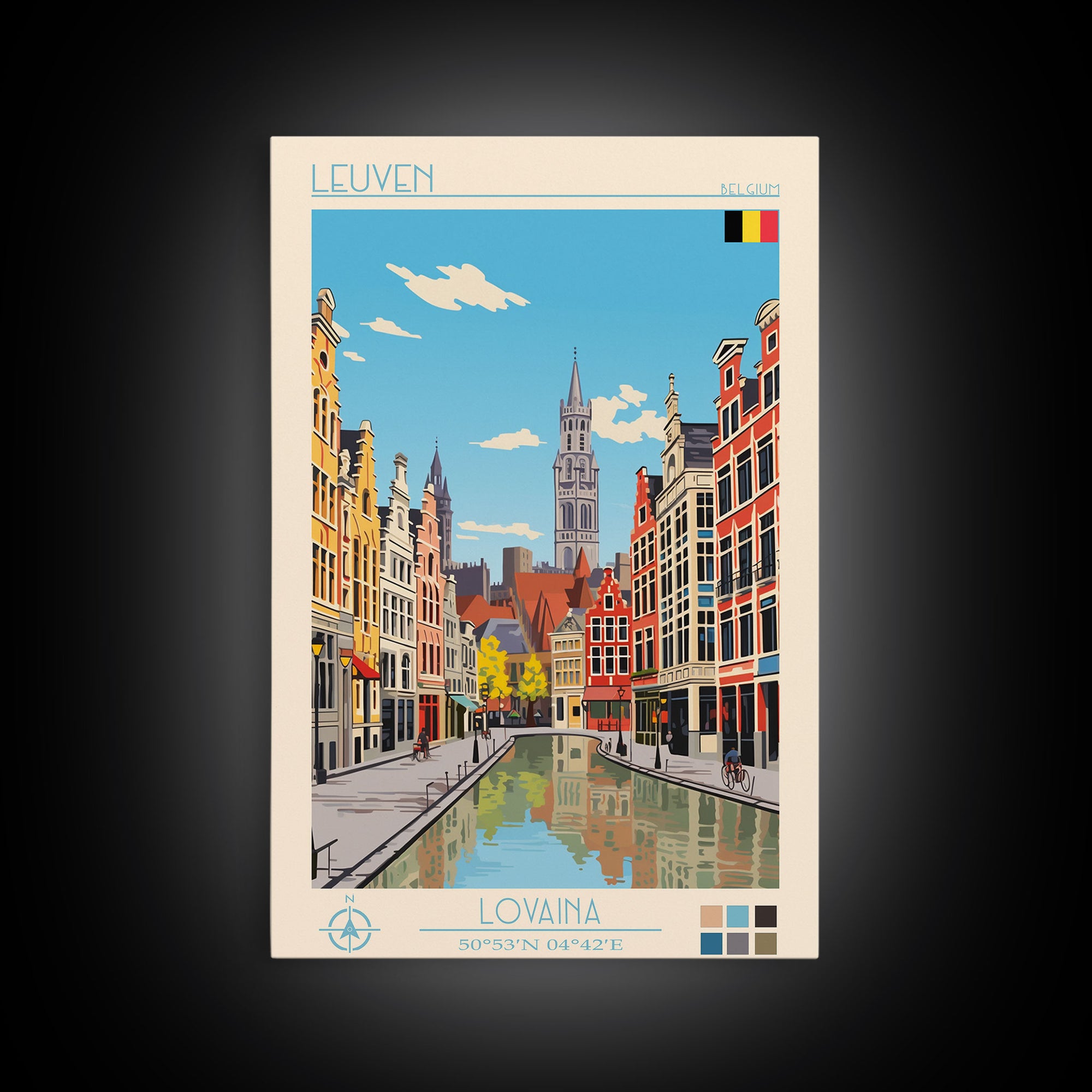 Leuven Belgium Travel Poster Framed Canvas Print, Midcentury Modern Art, Pop Art Wall Decor, Home Decor, Vacation Gift, Bedroom Art