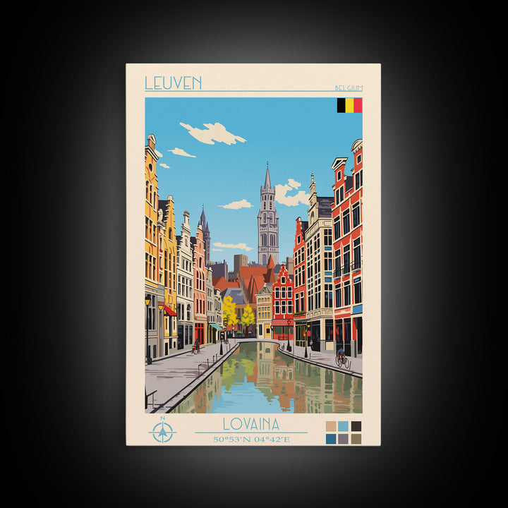 Leuven Belgium Travel Poster Framed Canvas Print, Midcentury Modern Art, Pop Art Wall Decor, Home Decor, Vacation Gift, Bedroom Art