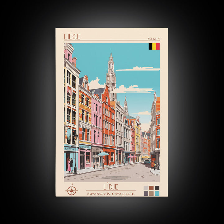 Liège Belgium Travel Poster Framed Canvas Print, Midcentury Modern Art, Pop Art Wall Decor, Scenic Art, Home and Office Decoration