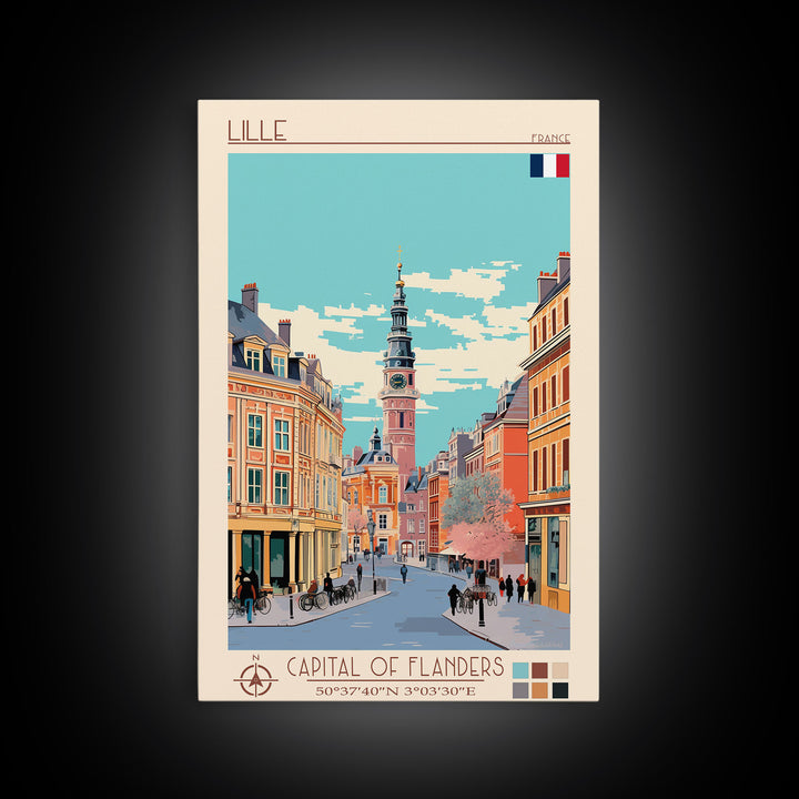 Lille France Travel Poster Framed Canvas Print, Midcentury Modern Art, Pop Art Wall Decor, Scenic Wall Art, Bedroom Decoration, Office Art