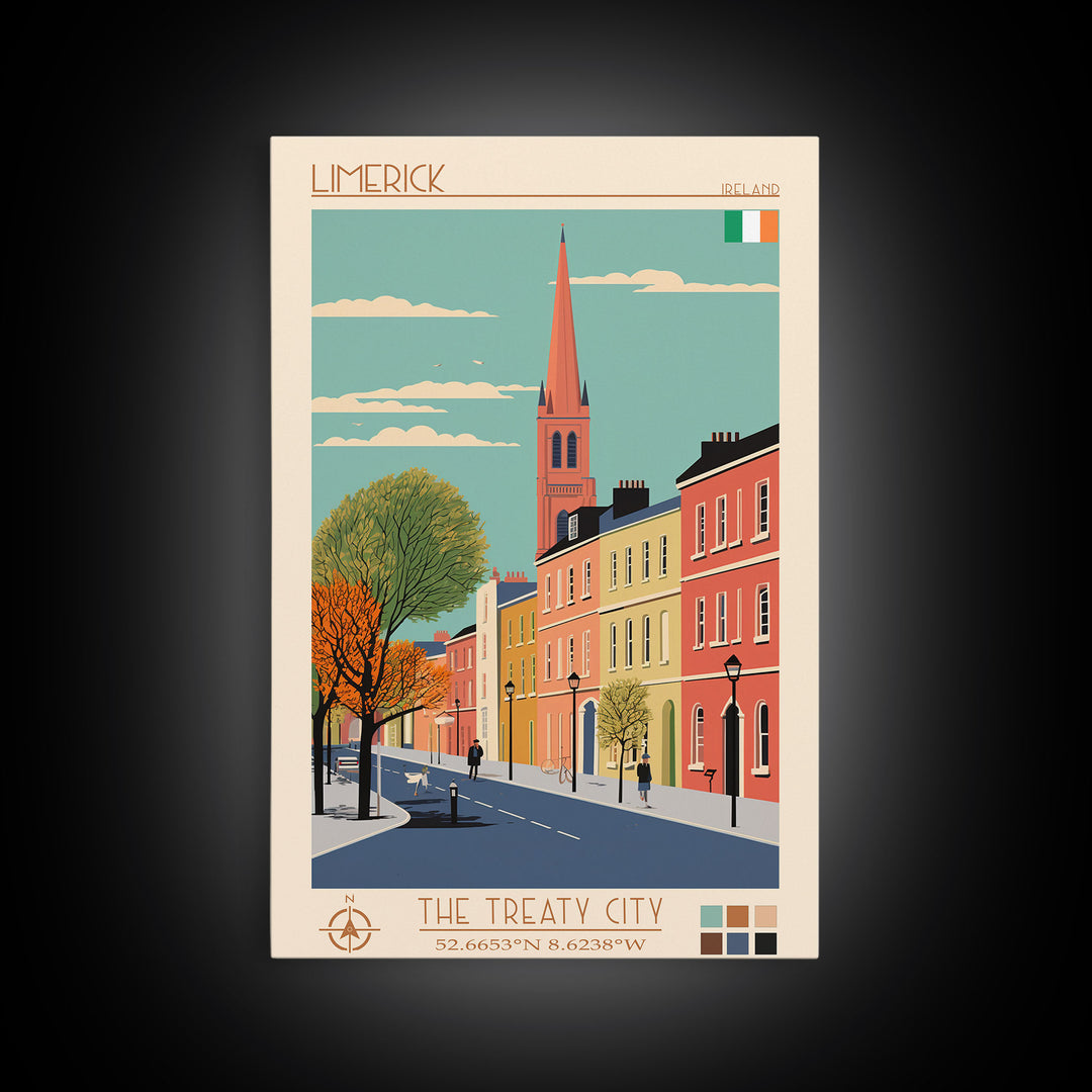 Limerick Ireland Travel Poster Framed Canvas Print, Wall Decor, Midcentury Modern Art, Pop Art, Scenic Art for Bedroom and Office