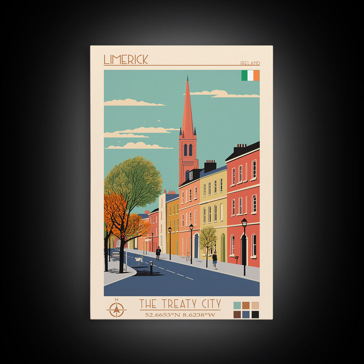Limerick Ireland Travel Poster Framed Canvas Print, Wall Decor, Midcentury Modern Art, Pop Art, Scenic Art for Bedroom and Office