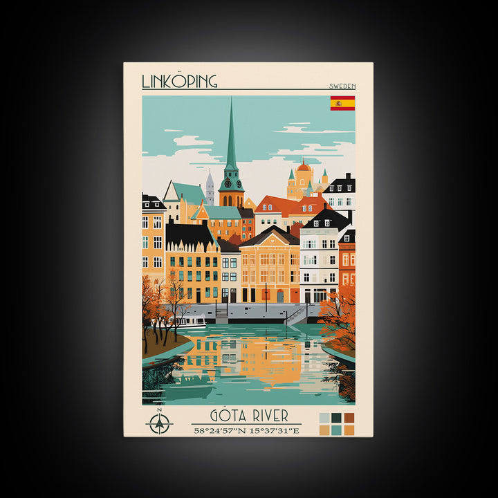 Linköping Sweden Travel Poster Framed Canvas Print, Midcentury Modern Art, Pop Art Wall Decor, Scenic Art, Home and Office Decoration