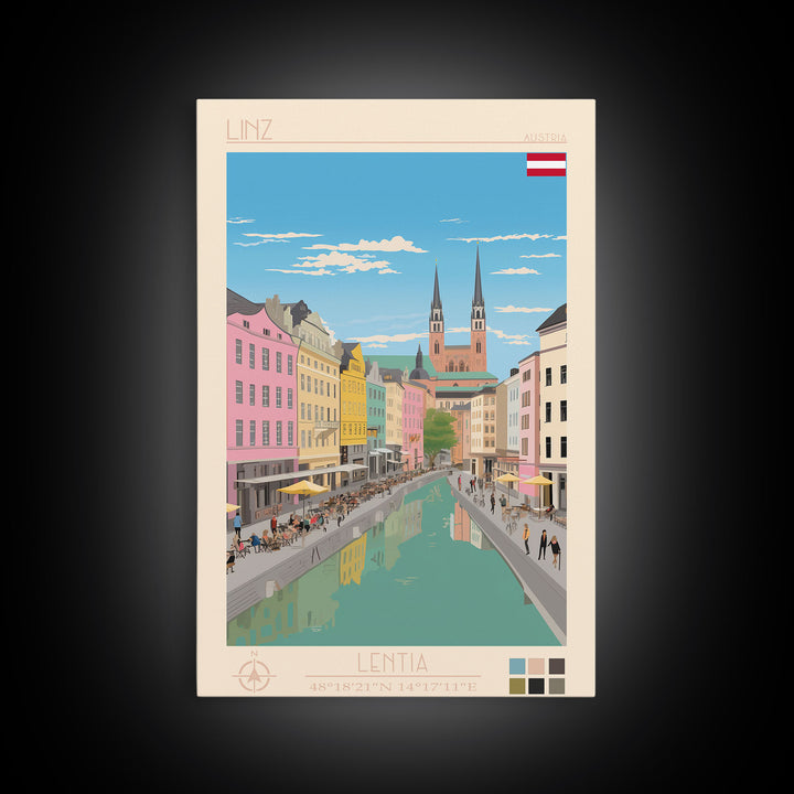 Linz Austria Travel Poster Framed Canvas Print, Wall Decor, Midcentury Modern Art, Pop Art, Scenic Art for Bedroom and Living Room