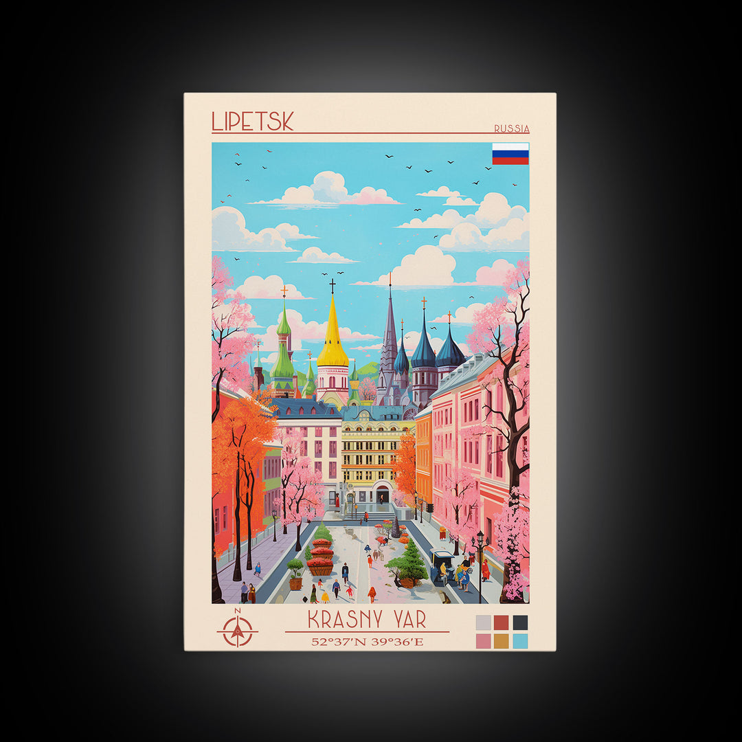 Lipetsk Russia Travel Poster Framed Canvas Print, Midcentury Modern Art, Pop Art Wall Decor, Scenic Art, Home and Office Decoration