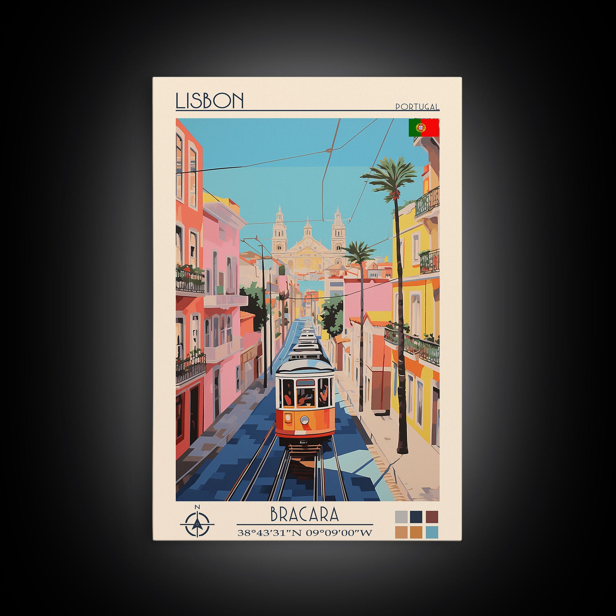 Lisbon Portugal Travel Poster Framed Canvas Print, Midcentury Modern Art, Pop Art Wall Decor, Scenic Art, Living Room and Office Gift