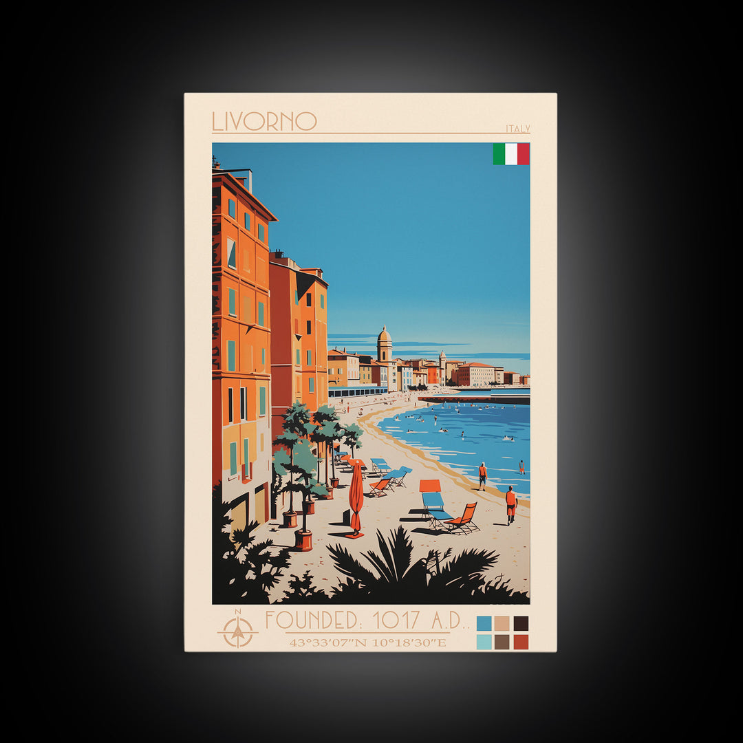 Livorno Italy Travel Poster Framed Canvas Print, Wall Decor, Midcentury Modern Art, Pop Art, Scenic Art for Bedroom and Office