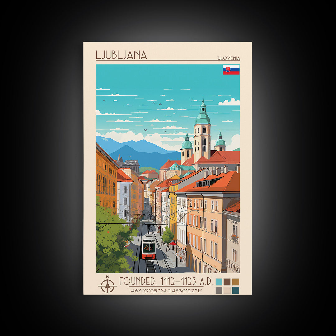 Ljubljana Slovenia Travel Poster Framed Canvas Print, Wall Decor, Midcentury Modern Art, Pop Art, Scenic Art for Bedroom and Living Room