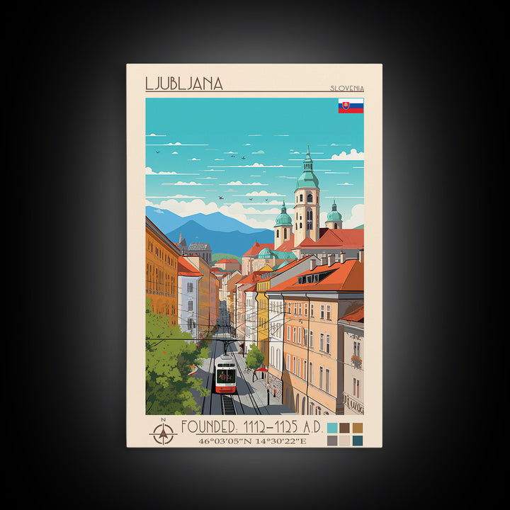 Ljubljana Slovenia Travel Poster Framed Canvas Print, Wall Decor, Midcentury Modern Art, Pop Art, Scenic Art for Bedroom and Living Room