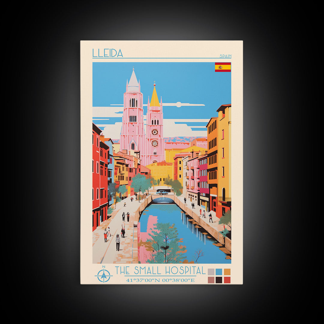 Lleida Spain Travel Poster Framed Canvas Print, Midcentury Modern Art, Pop Art Wall Decor, Scenic Art, Living Room and Office Gift